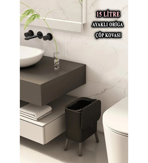 Origa sabit ayaklı antrasit 15 lt çöp kovası mutfak banyo balkon bahçe